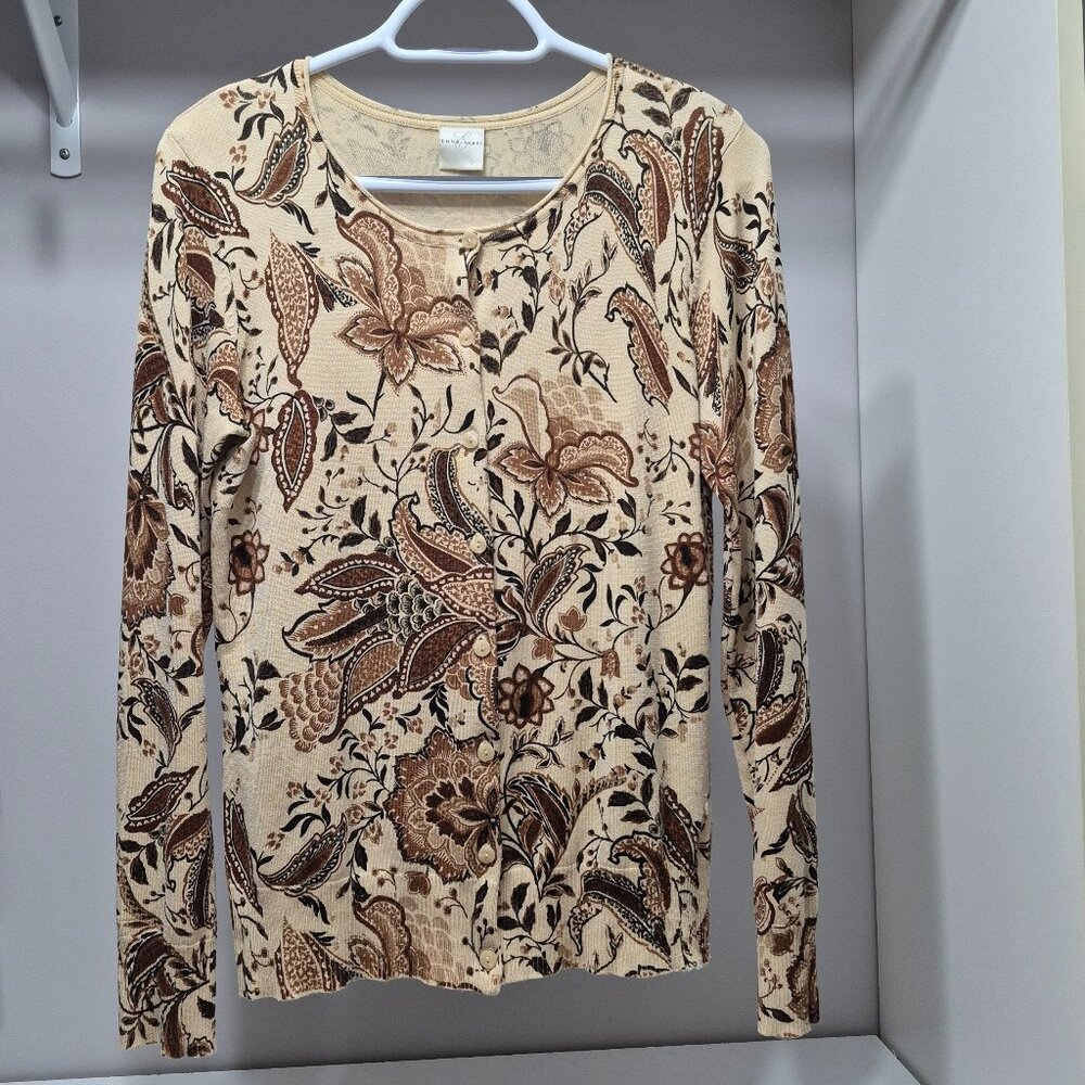 Emma James two piece cardigan with matching sleeveless top in beige/brown tones